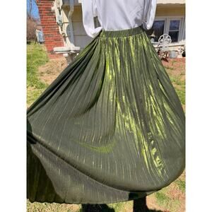 Metallic olive pleated maxi skirt HUGE shimmer accordion skirt elastic waist